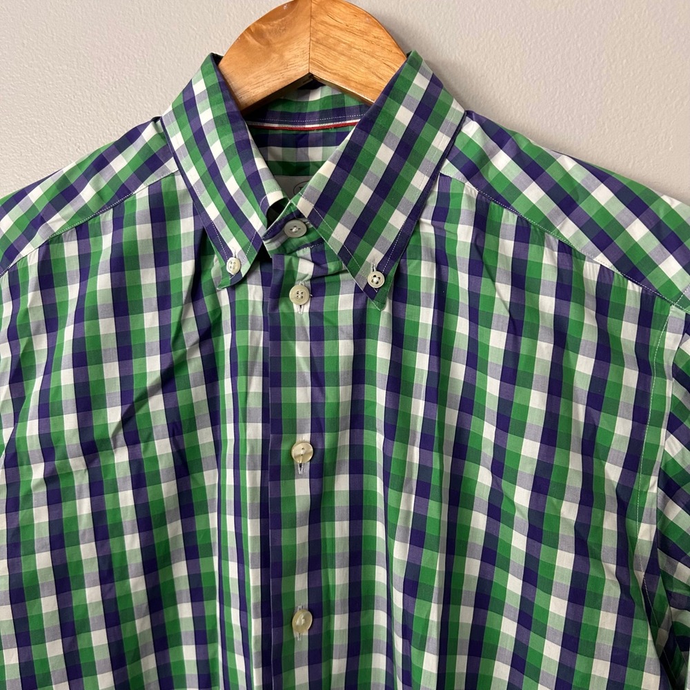 Eton Shirt Mens Large 16/41 Green Navy Gingham Slim Fit Long Sleeve Button Down‎